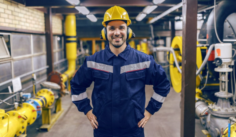 Man in industrial setting with safety gear